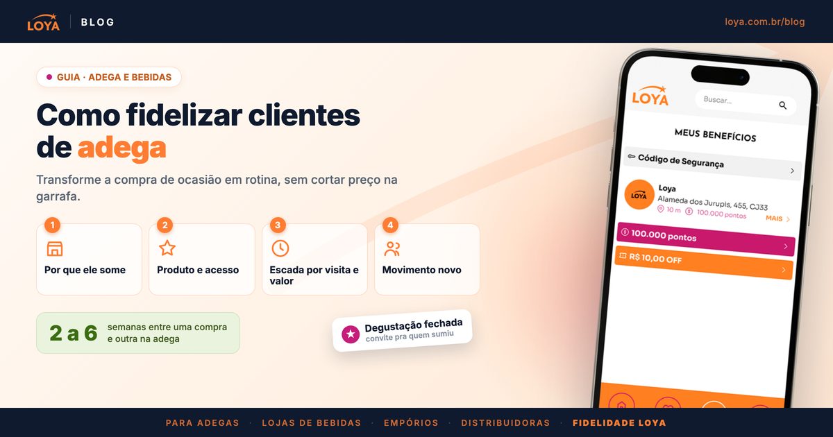Guia da Loya para fidelizar clientes de adega e loja de bebidas: por que o cliente some, recompensar com produto e acesso, escada por visita e por valor, e trazer movimento novo