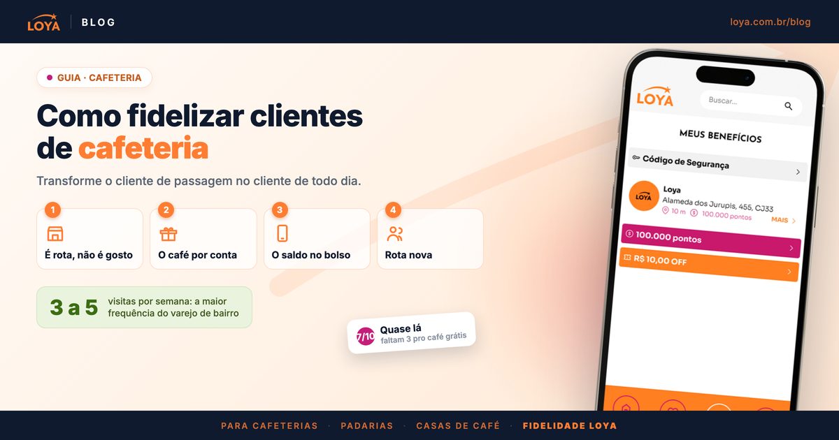 Guia da Loya para fidelizar clientes de cafeteria: a escolha é de rota e não de gosto, o café por conta como prêmio, o saldo no bolso do cliente e rota nova pelo bairro