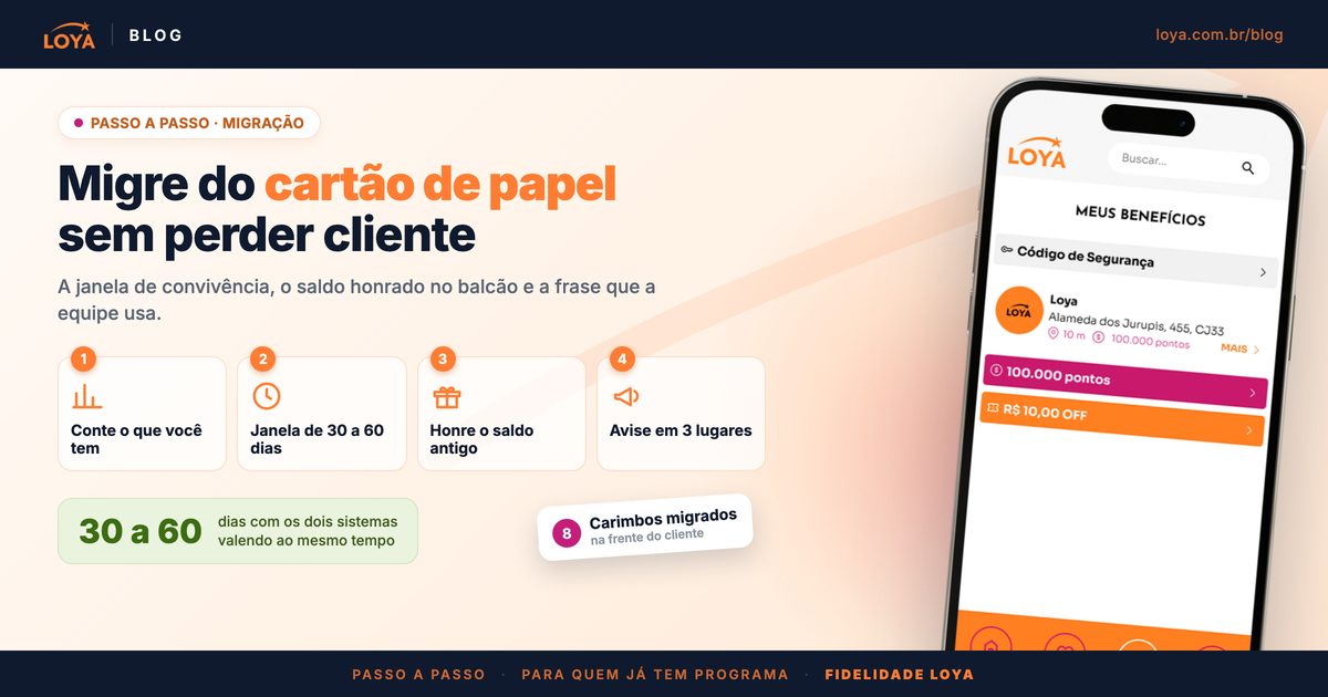 Passo a passo para migrar do cartão de papel para a fidelidade digital: contar o que você tem, abrir uma janela de 30 a 60 dias, honrar o saldo antigo e avisar em três lugares